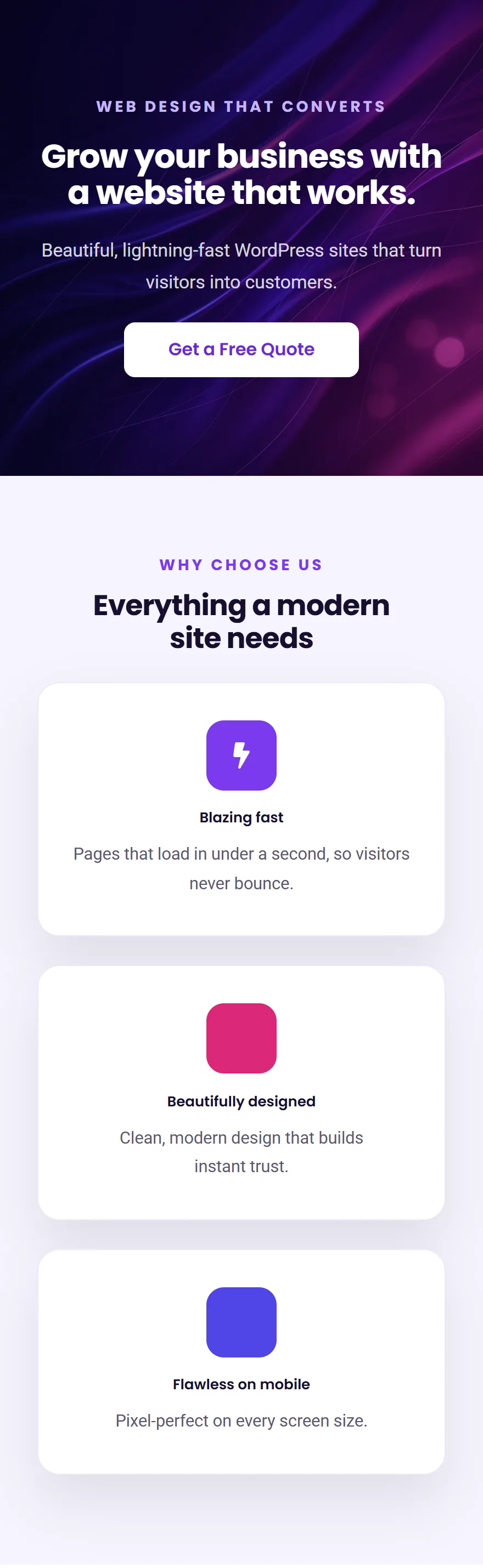 A premium Elementor landing page on a phone, with the feature cards stacked into a single column
