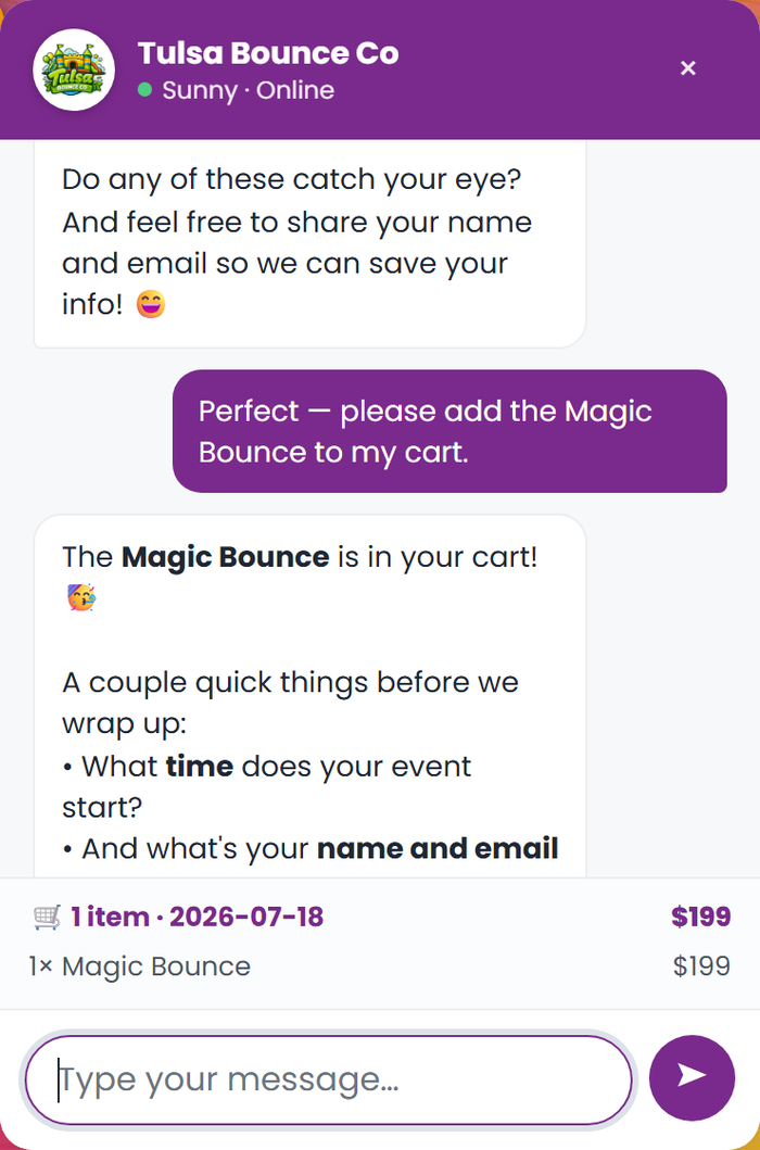 WDZ FrontDesk — Building the in-chat cart while collecting event time and contact details
