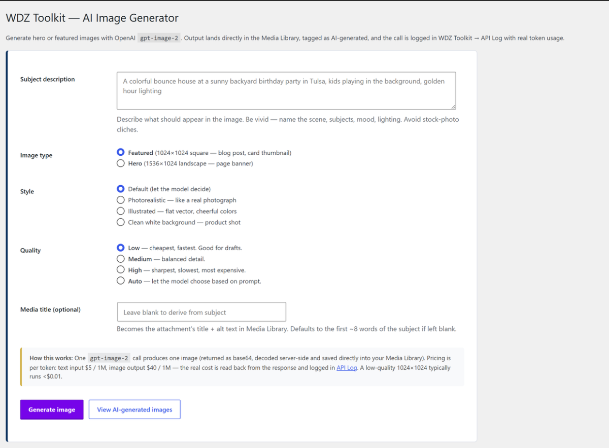 WDZ Toolkit — The AI Image Generator with style, quality and per-image cost