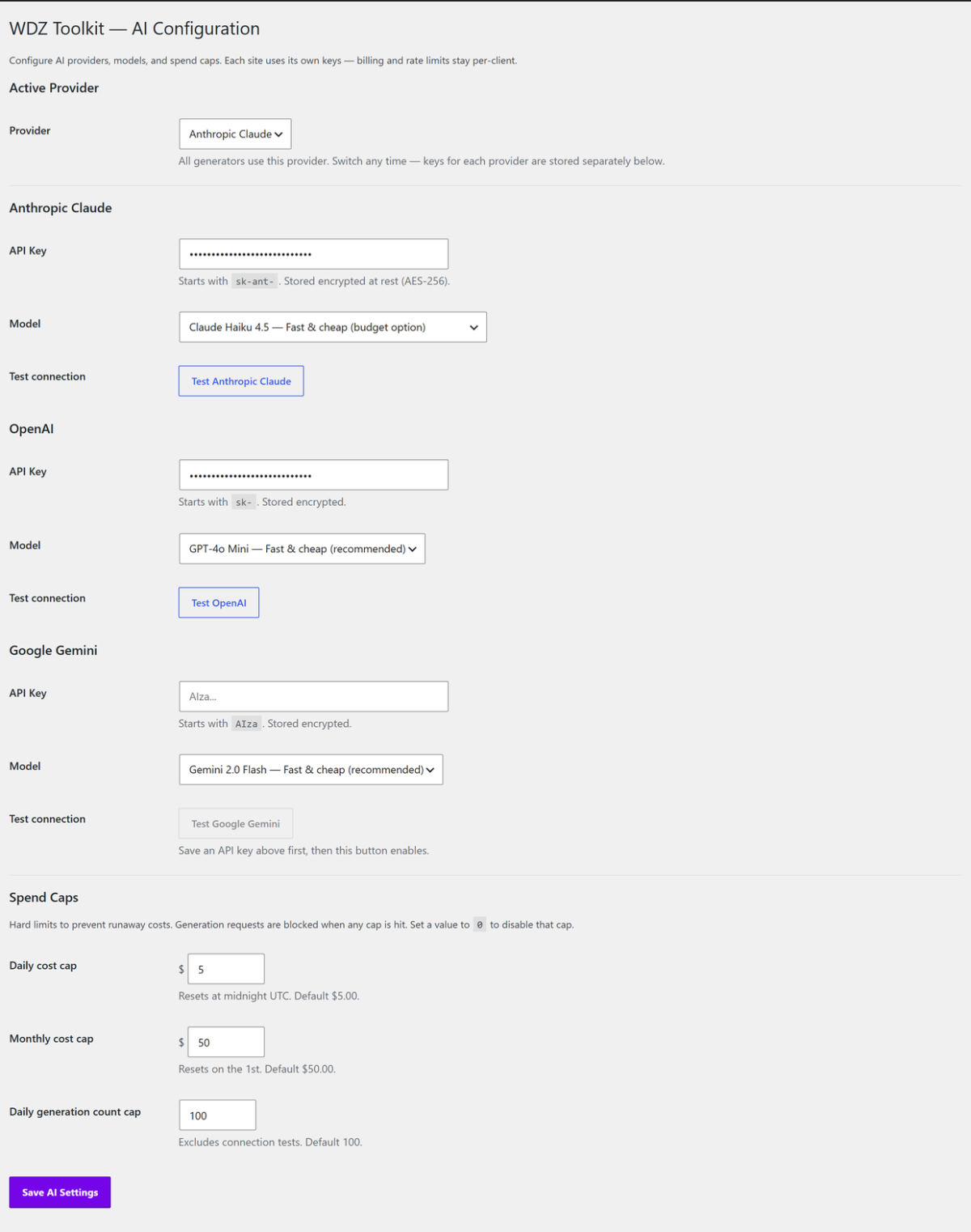 WDZ Toolkit — Three AI providers with masked encrypted keys and hard spend caps