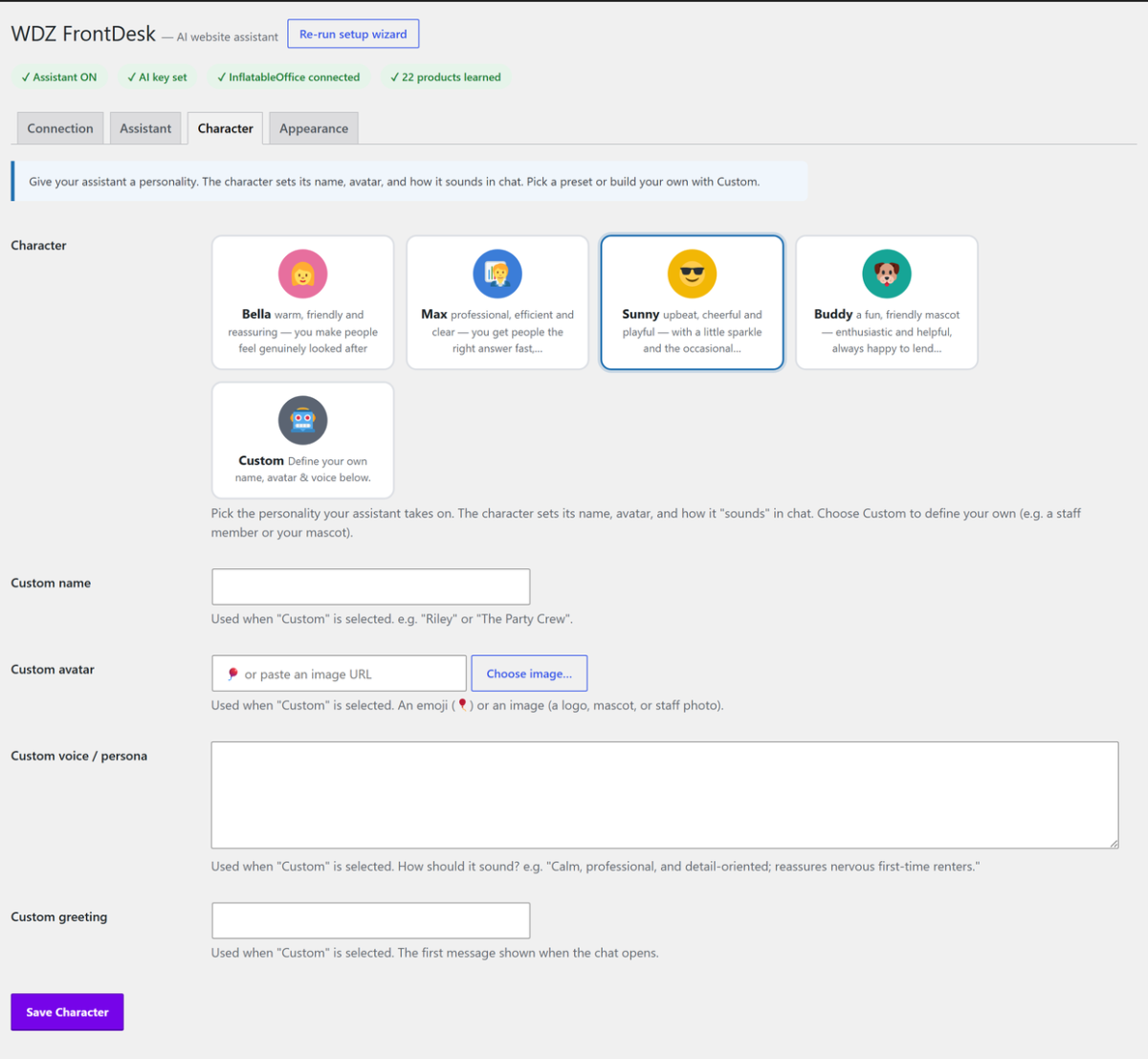 WDZ FrontDesk — Four preset personas plus a fully custom assistant