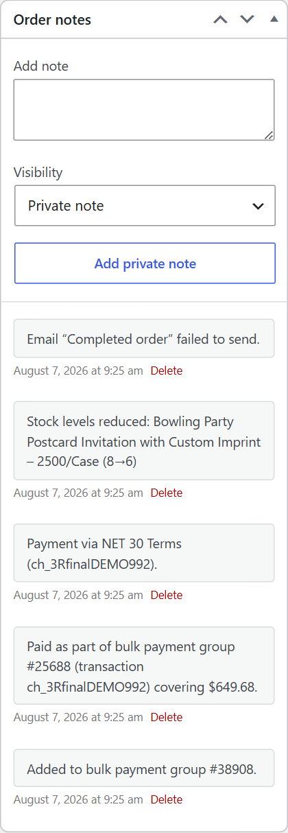 Invoice Bulk Pay — The automatic order-note trail with the transaction reference