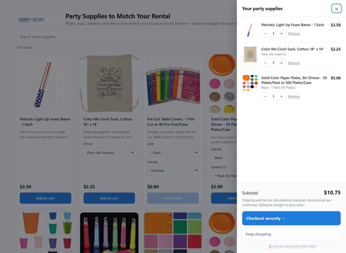 Partner Storefront Platform — The slide-in cart on the partner's page