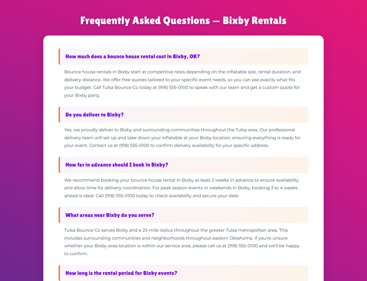 Rental Demo Theme — The styled FAQ section on a city page