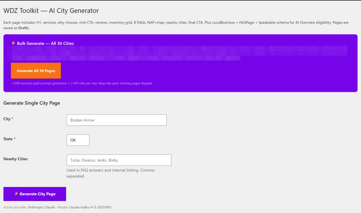 WDZ Toolkit — The City Generator admin: bulk generate-all and single-city modes