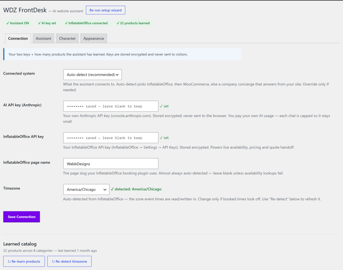 WDZ FrontDesk — The Connection tab: green status chips, masked encrypted keys, learned catalog