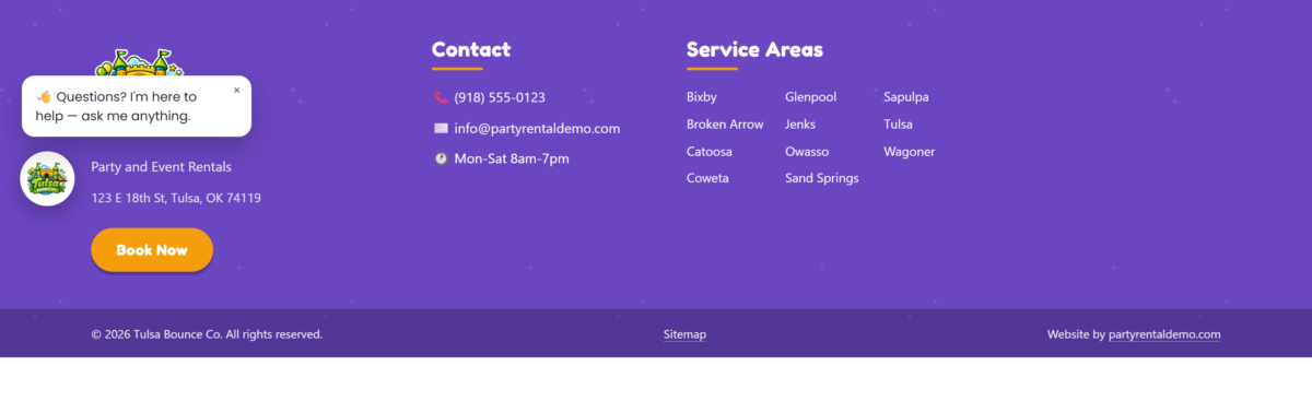 Rental Demo Theme — The options-driven footer with the service-area city list