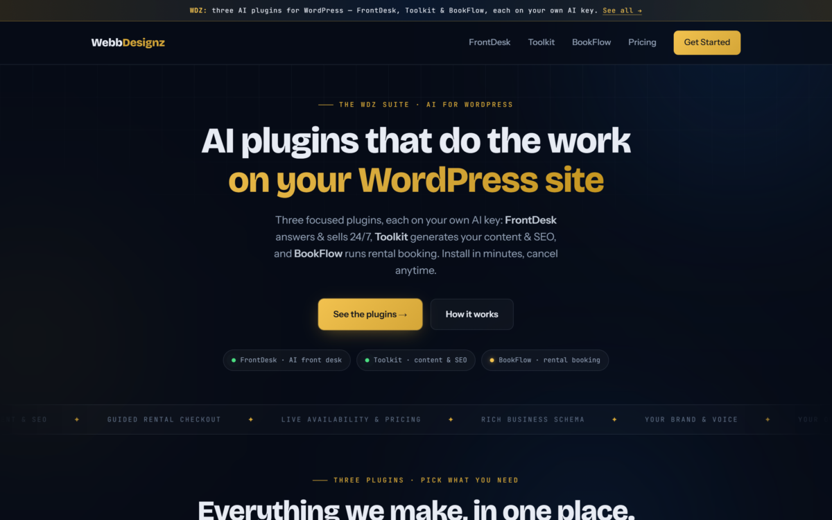 WDZ Store Theme — The storefront homepage: announcement bar, nav, and the suite-first hero