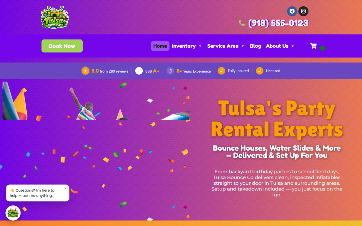 Rental Demo Theme — The homepage: branded header with phone and Book Now, trust bar, and the hero