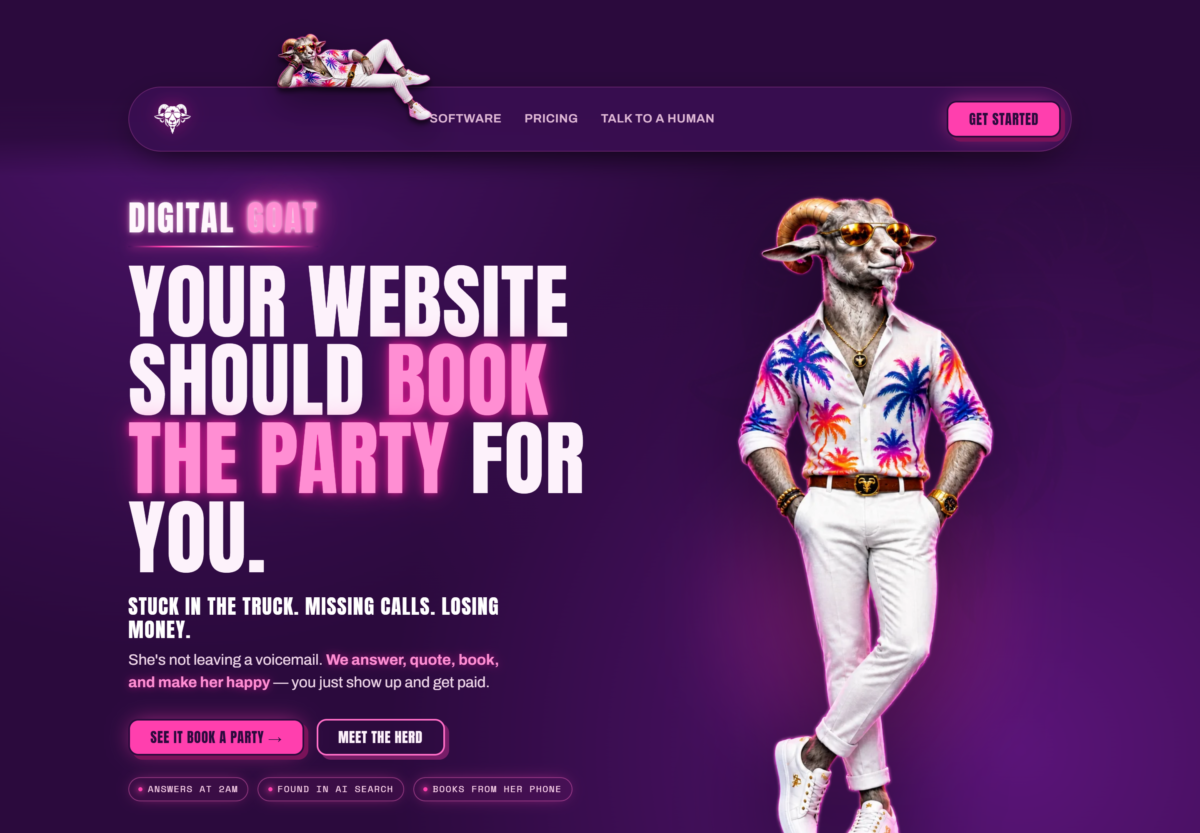 Digital Goat home page — neon purple storefront for three WordPress plugins