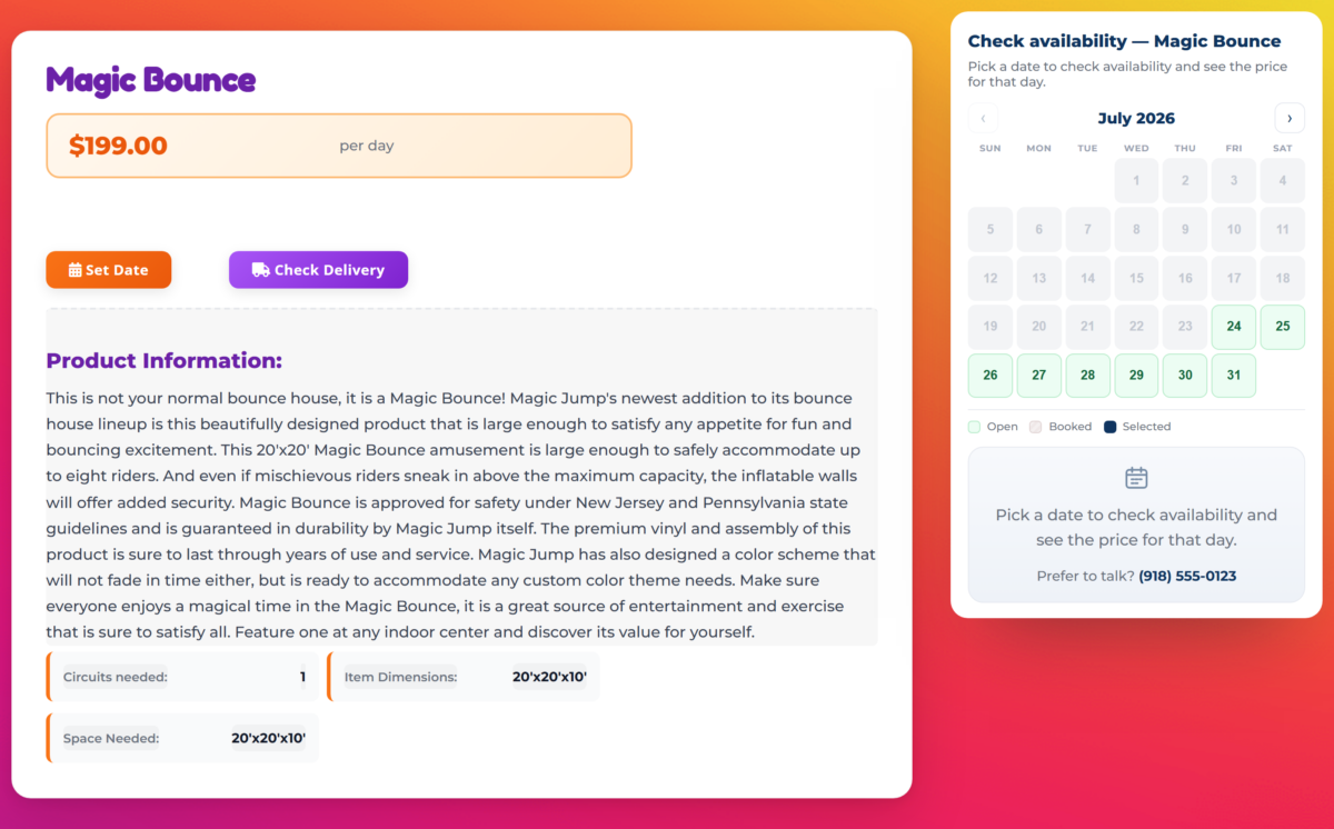 BookFlow — A rental item page with the live calendar as a third column — open/booked legend, real platform data