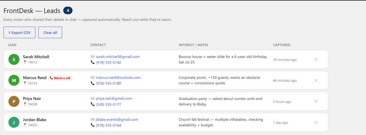 WDZ FrontDesk — The Leads screen with captured leads and a wants-a-call handoff badge (seeded demo data)