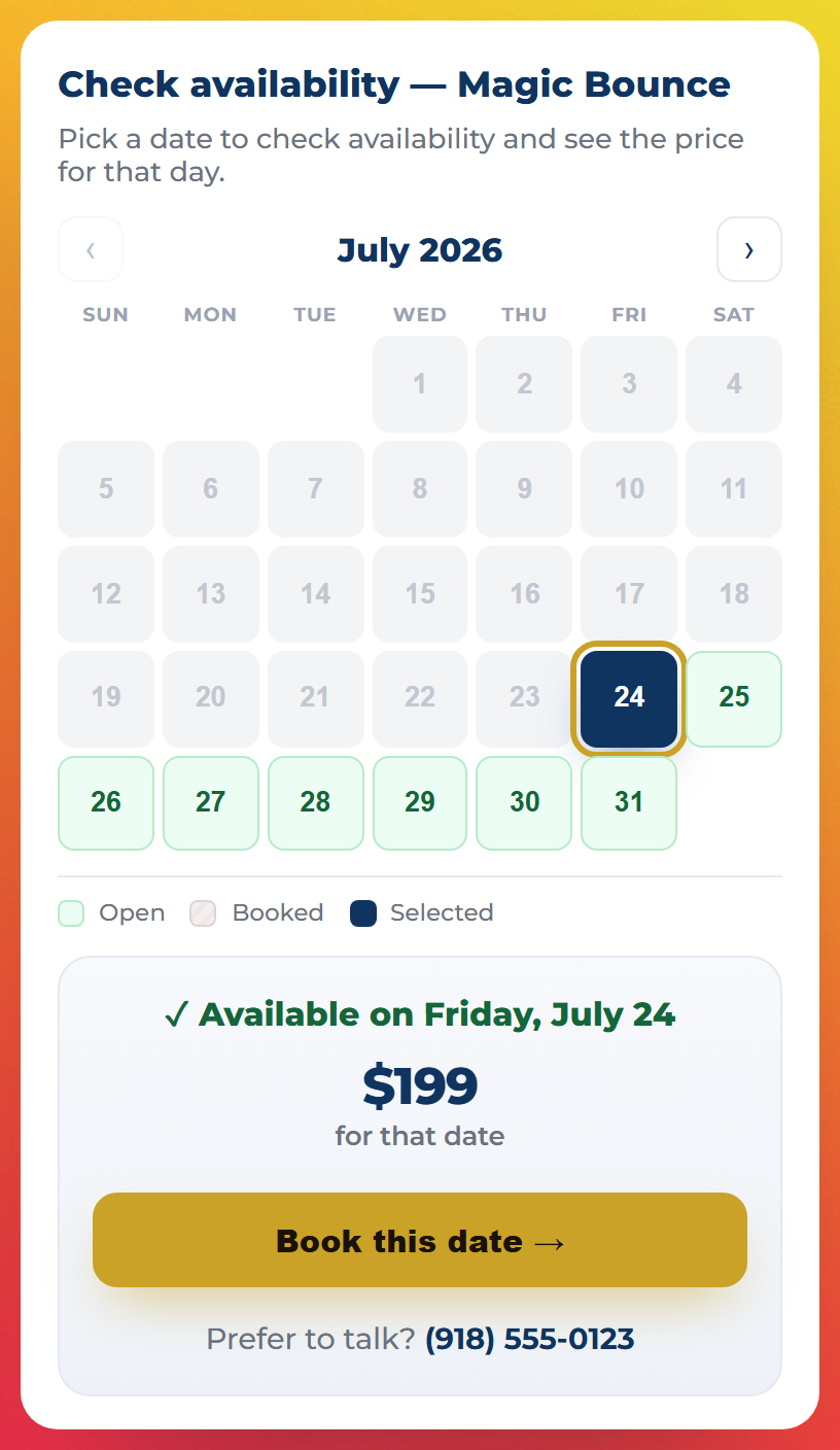 BookFlow — A selected date returning live confirmation and that day's real price