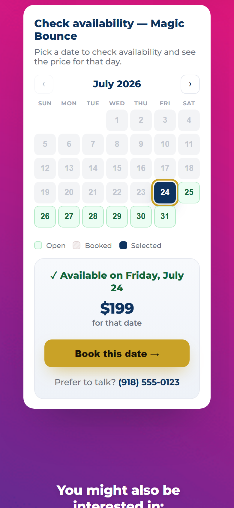 BookFlow — The availability calendar and booking CTA on a phone