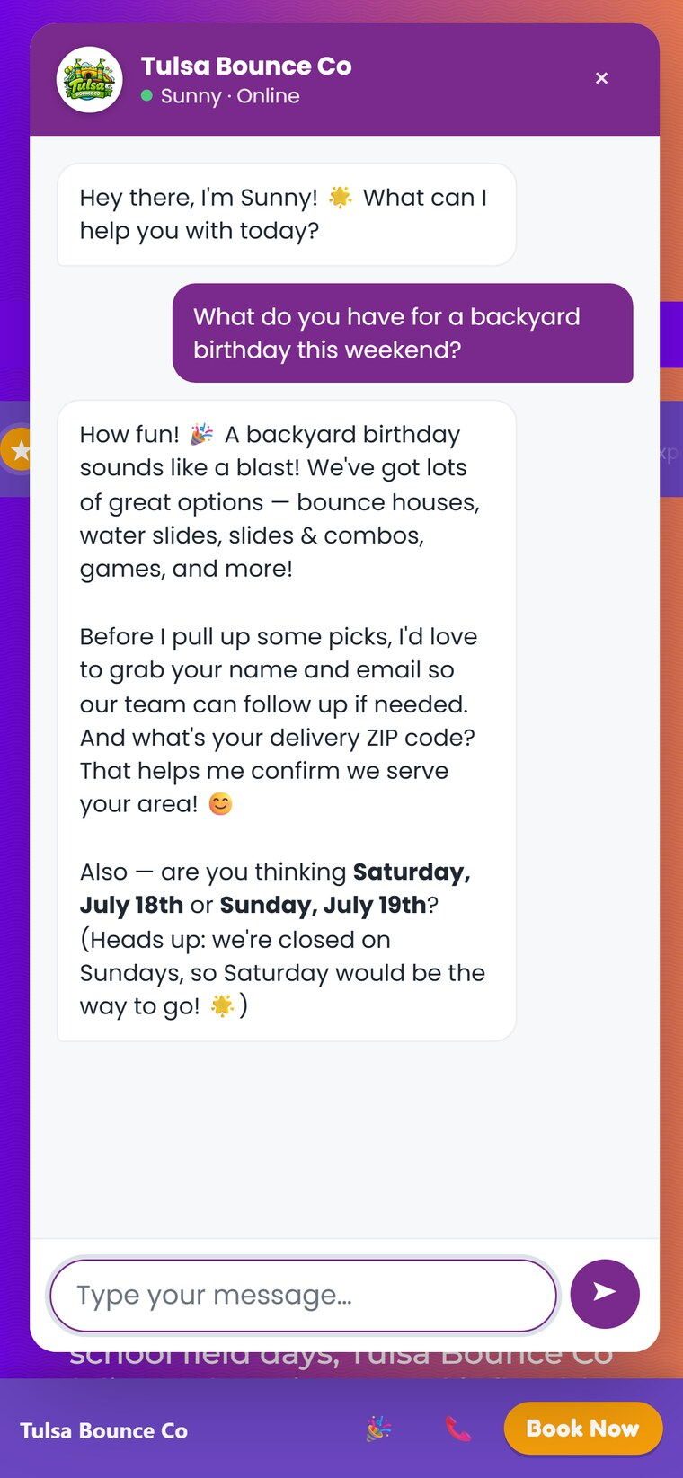 WDZ FrontDesk — The full widget open on a phone over the demo site