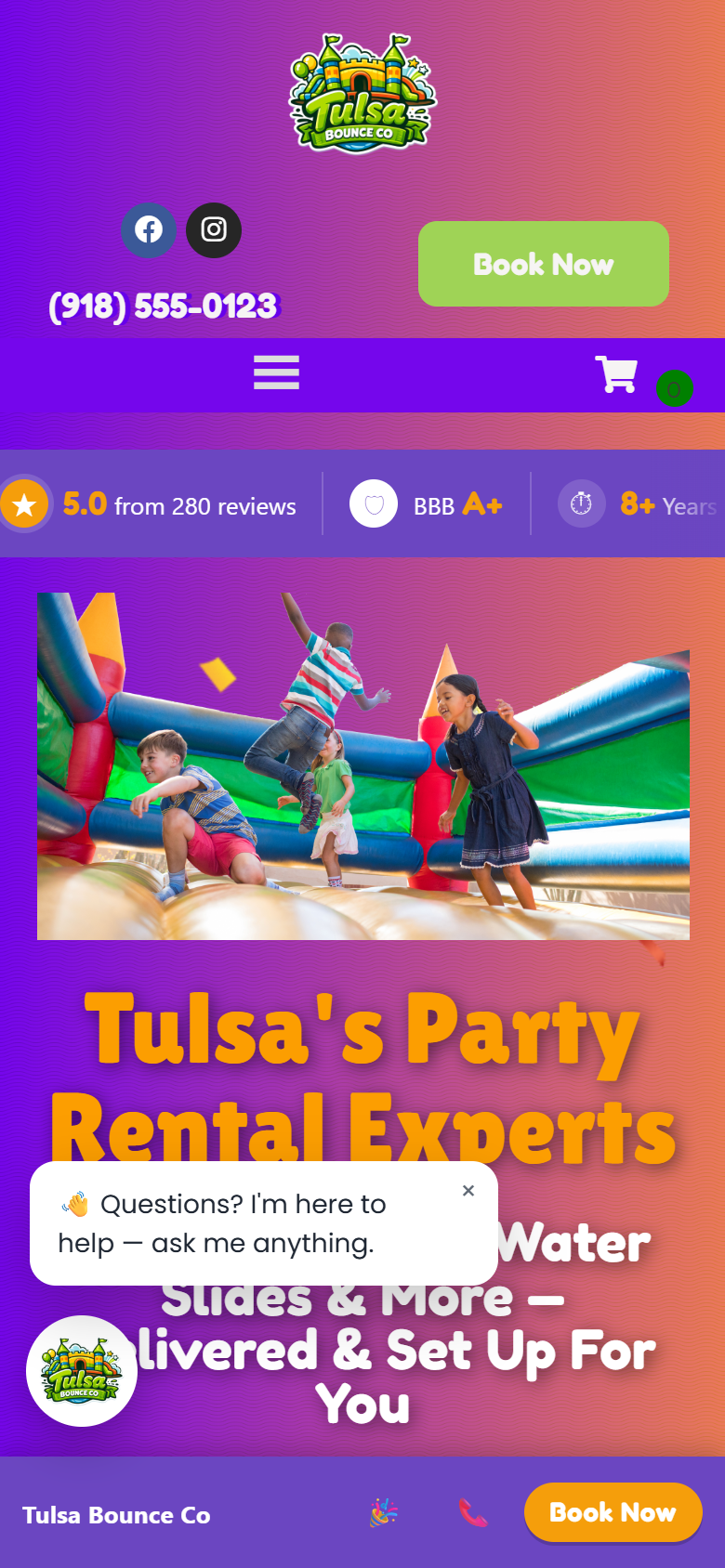 Rental Demo Theme — Mobile: stacked header, sticky bottom CTA bar, chat launcher with clearance