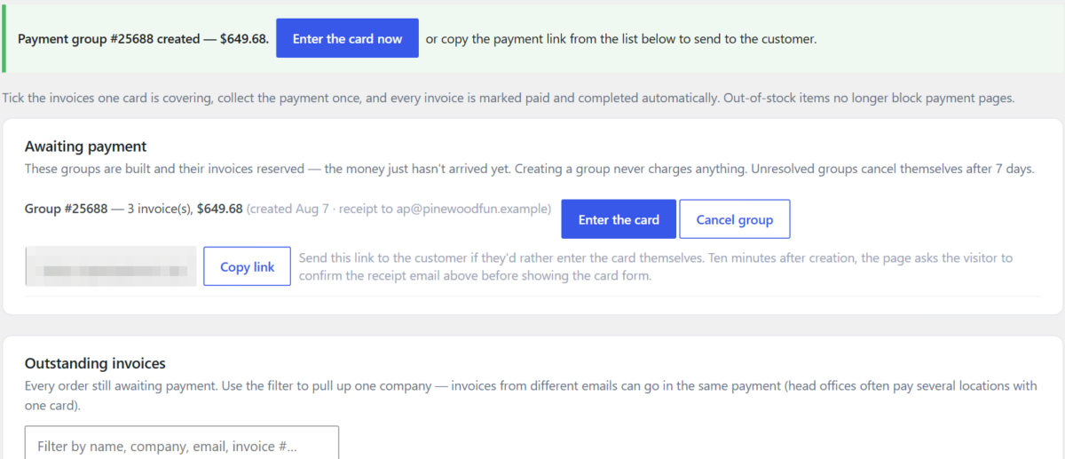 Invoice Bulk Pay — The created payment group awaiting card entry, with the shareable payment link