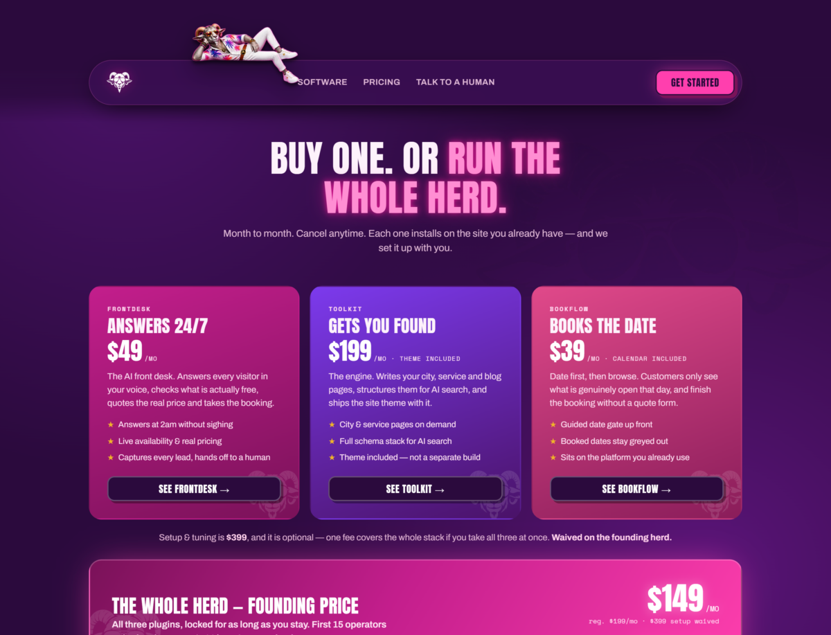 Pricing page: three monthly plans and the discounted founding bundle