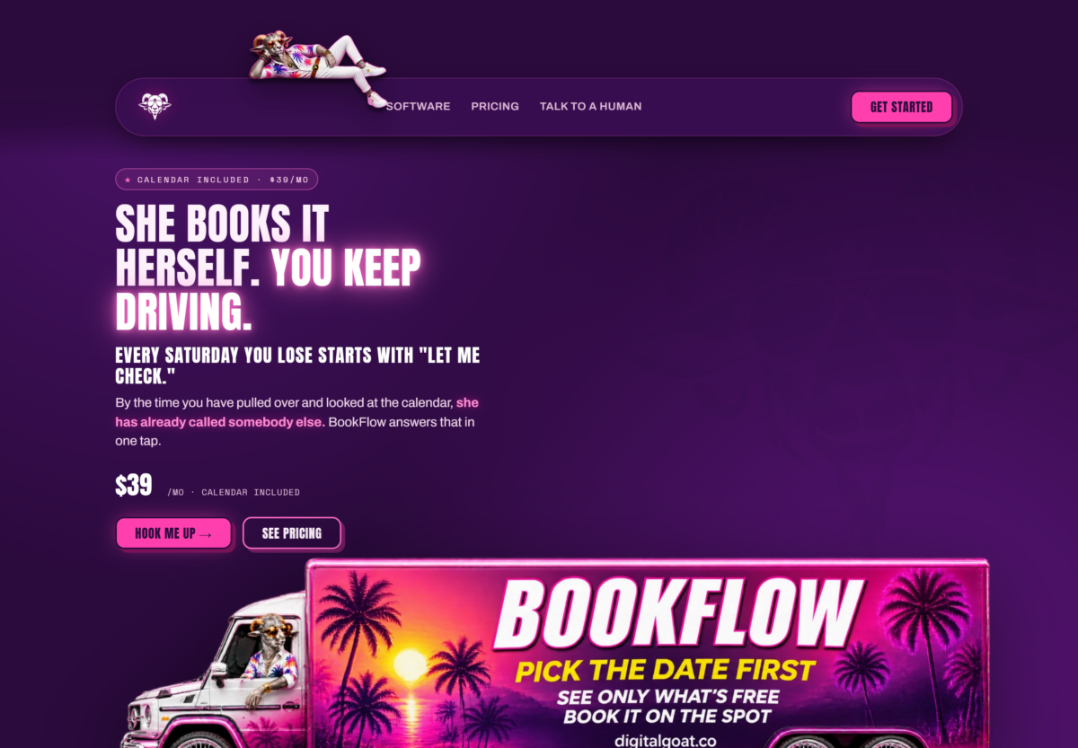 BookFlow product page with its own pink colour treatment