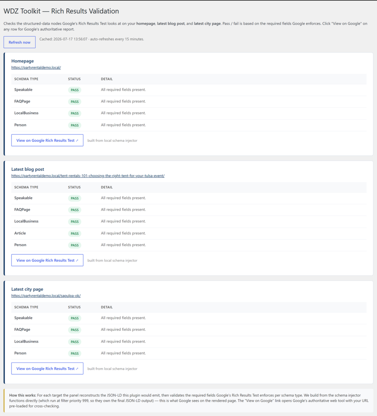 WDZ Toolkit — Rich Results validation: per-schema-type PASS for key pages