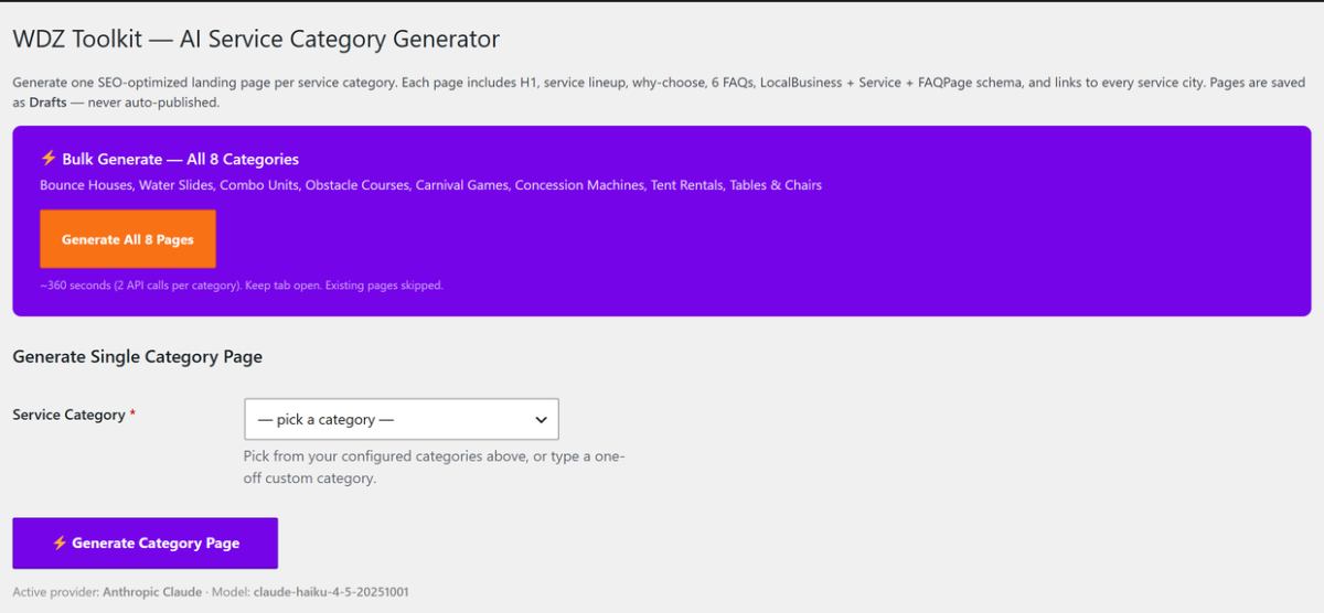 WDZ Toolkit — The Service Category Generator with the active provider readout